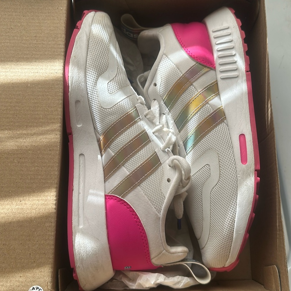 Adidas - Size 5 kids pink and white with holographic